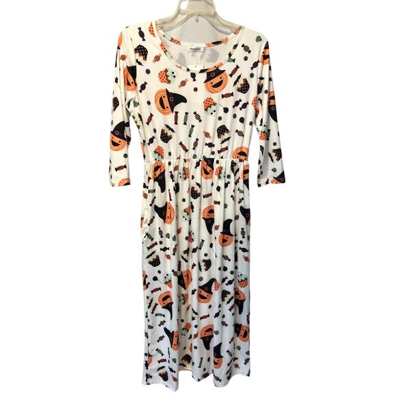 Naggoo Halloween Dress Pumpkins Ghosts Candy Bats Stretch NWT New Sz S Fit Flare - Picture 1 of 5